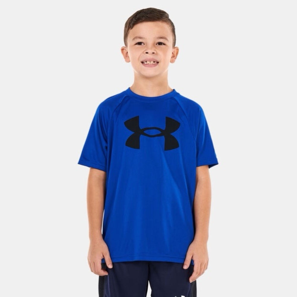 Under Armour Blue & Black Heat Gear Logo Short Sleeve Graphic Tee Size YMD 10/12